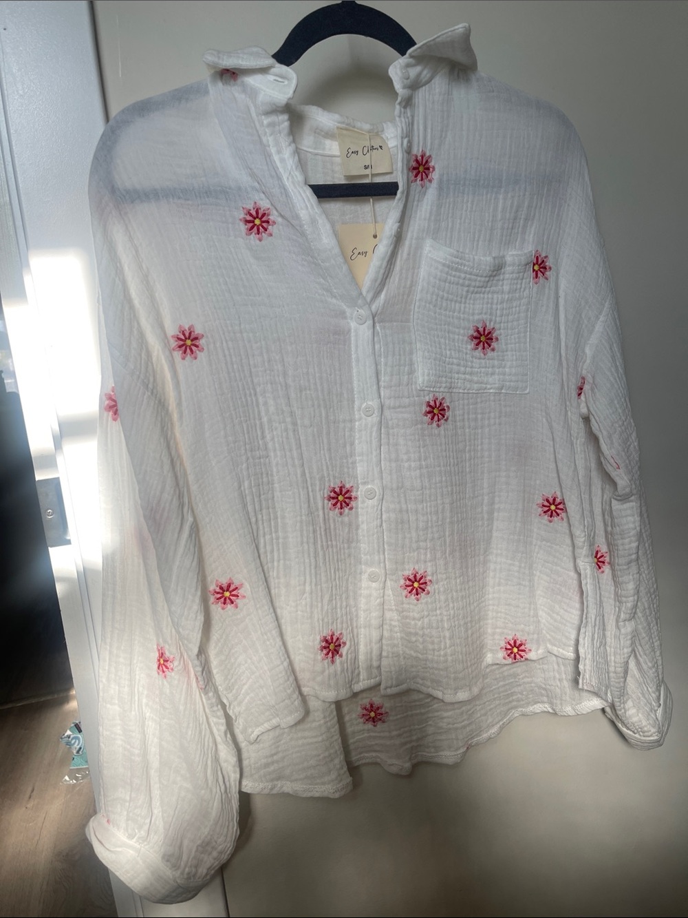 White Button-Front Gauze Top with Pink Floral Embroidery -NWT